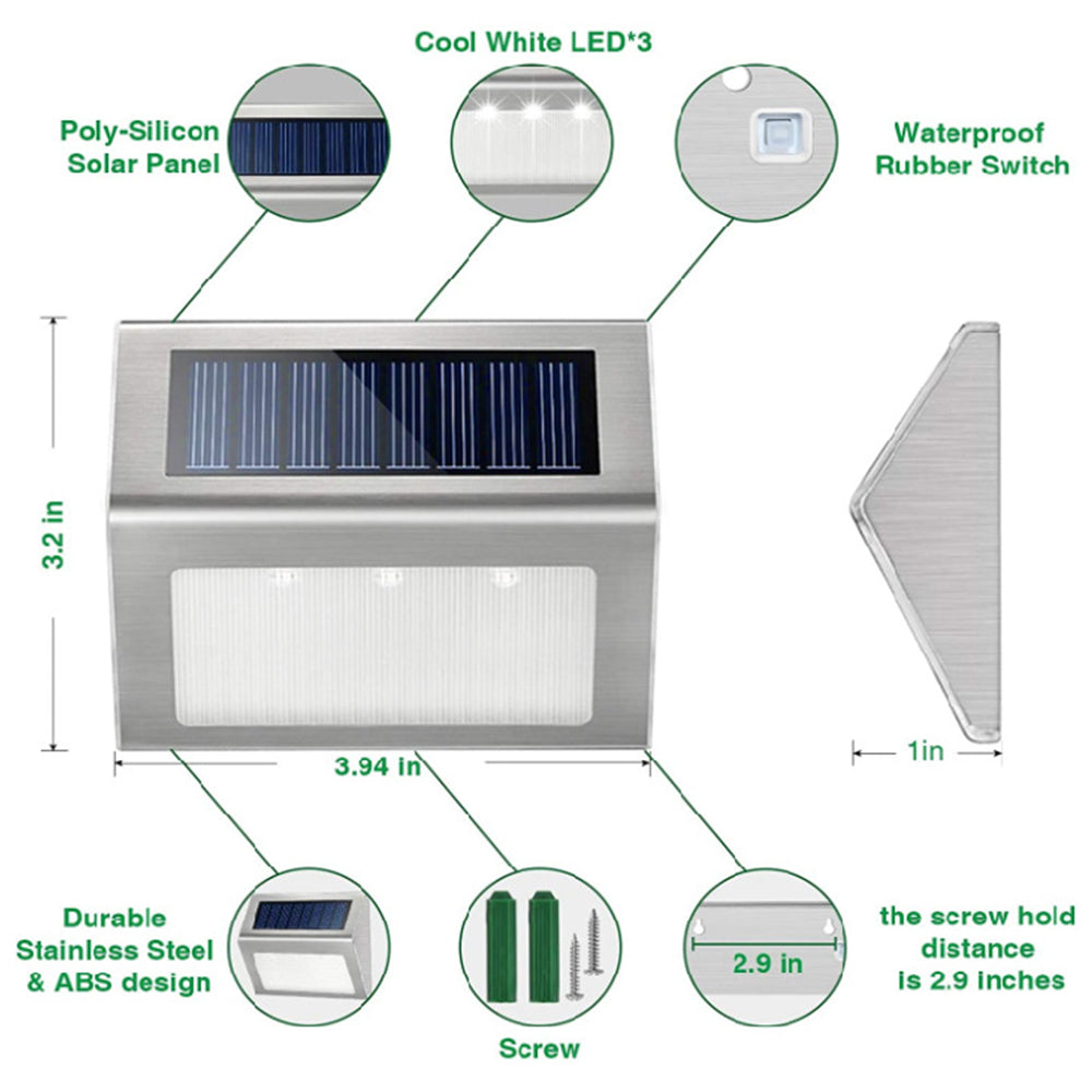 4 Pieces Waterproof Solar Wall Light 3LED Fence Lamp - Warm White