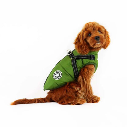 Dog Coat With Harness Winter Waterproof Reflective Warm Dog Coat-Green