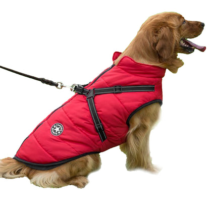 Dog Coat With Harness Winter Waterproof Reflective Warm Dog Coat-Red