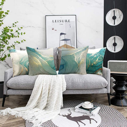 4 Pcs Set Marble Texture Turquoise and Gold Silver Pillow Covers