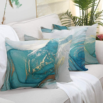 4 Pcs Set Marble Texture Turquoise and Gold Silver Pillow Covers