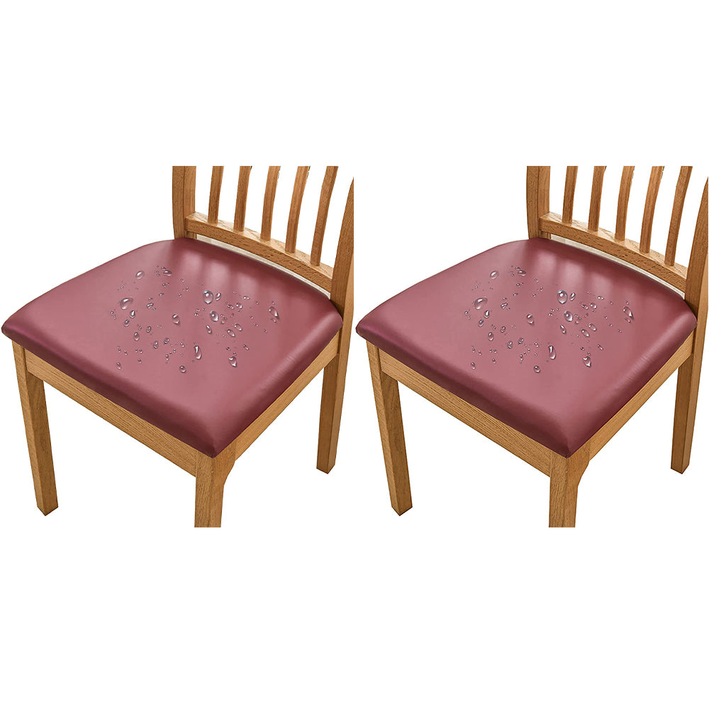 Chair Cover 2pcs PU Leather Stretch Chair Seat Cover Solid Waterproof Oilproof Dining Chair Slipcover Protector - Wine Red