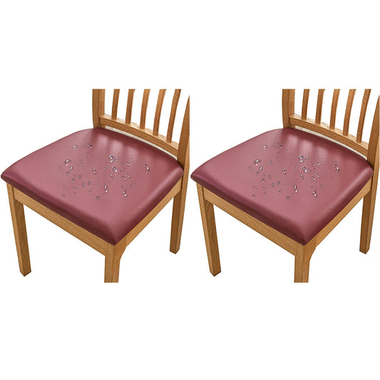 Chair Cover 2pcs PU Leather Stretch Chair Seat Cover Solid Waterproof Oilproof Dining Chair Slipcover Protector - Wine Red