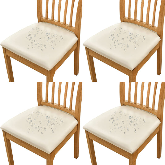 Chair Cover 4pcs PU Leather Stretch Chair Seat Cover Solid Waterproof Oilproof Dining Chair Slipcover Protector - Beige