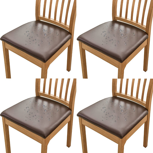 Chair Cover 4pcs PU Leather Stretch Chair Seat Cover Solid Waterproof Oilproof Dining Chair Slipcover Protector - Coffee
