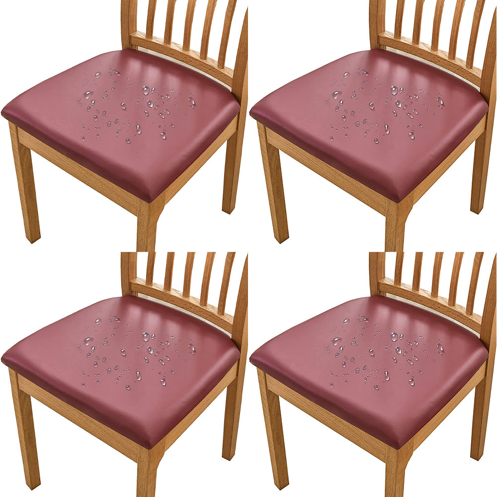 Chair Cover 4pcs PU Leather Stretch Chair Seat Cover Solid Waterproof Oilproof Dining Chair Slipcover Protector - Wine Red