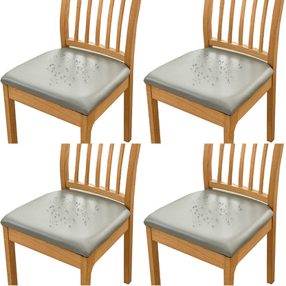 Chair Cover 4pcs PU Leather Stretch Chair Seat Cover Solid Waterproof Oilproof Dining Chair Slipcover Protector - Grey