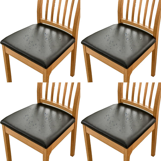 Chair Cover 4pcs PU Leather Stretch Chair Seat Cover Solid Waterproof Oilproof Dining Chair Slipcover Protector - Black