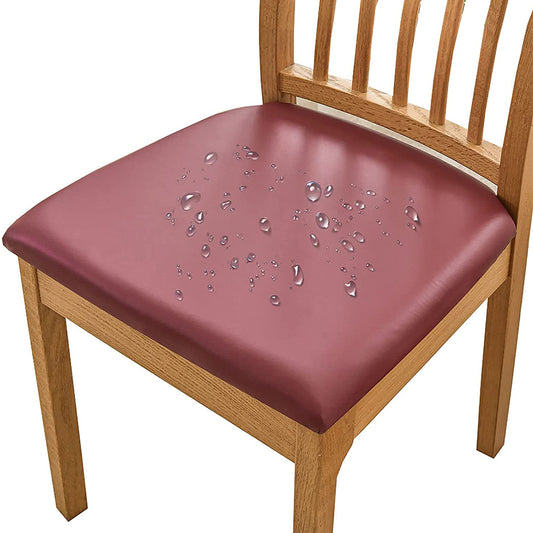 Chair Cover PU Leather Stretch Chair Seat Cover Solid Waterproof Oilproof Dining Chair Slipcover Protector - Wine Red