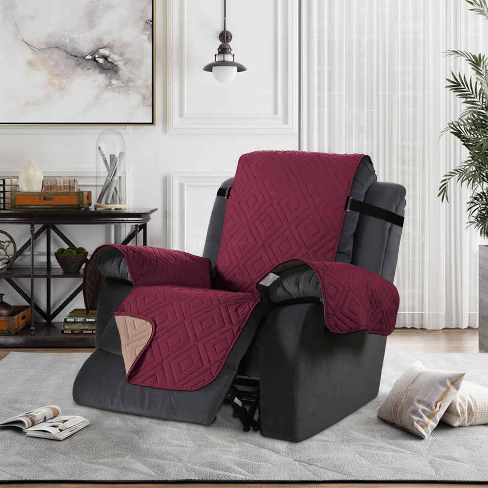 Recliner Chair Cover Water-resistant Reversible Quilted Recliner Chair Cover Sofa Slipcover with Non Slip Strap Couch Protector - Wine Red