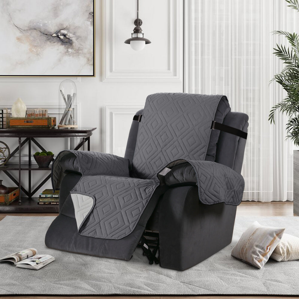 Recliner Chair Cover Water-resistant Reversible Quilted Recliner Chair Cover Sofa Slipcover with Non Slip Strap Couch Protector - Grey
