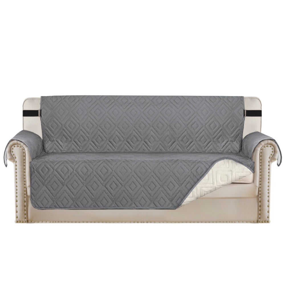 Waterproof Reversible Quilted Sofa Cover with Non Slip Strap for Four-seat Grey