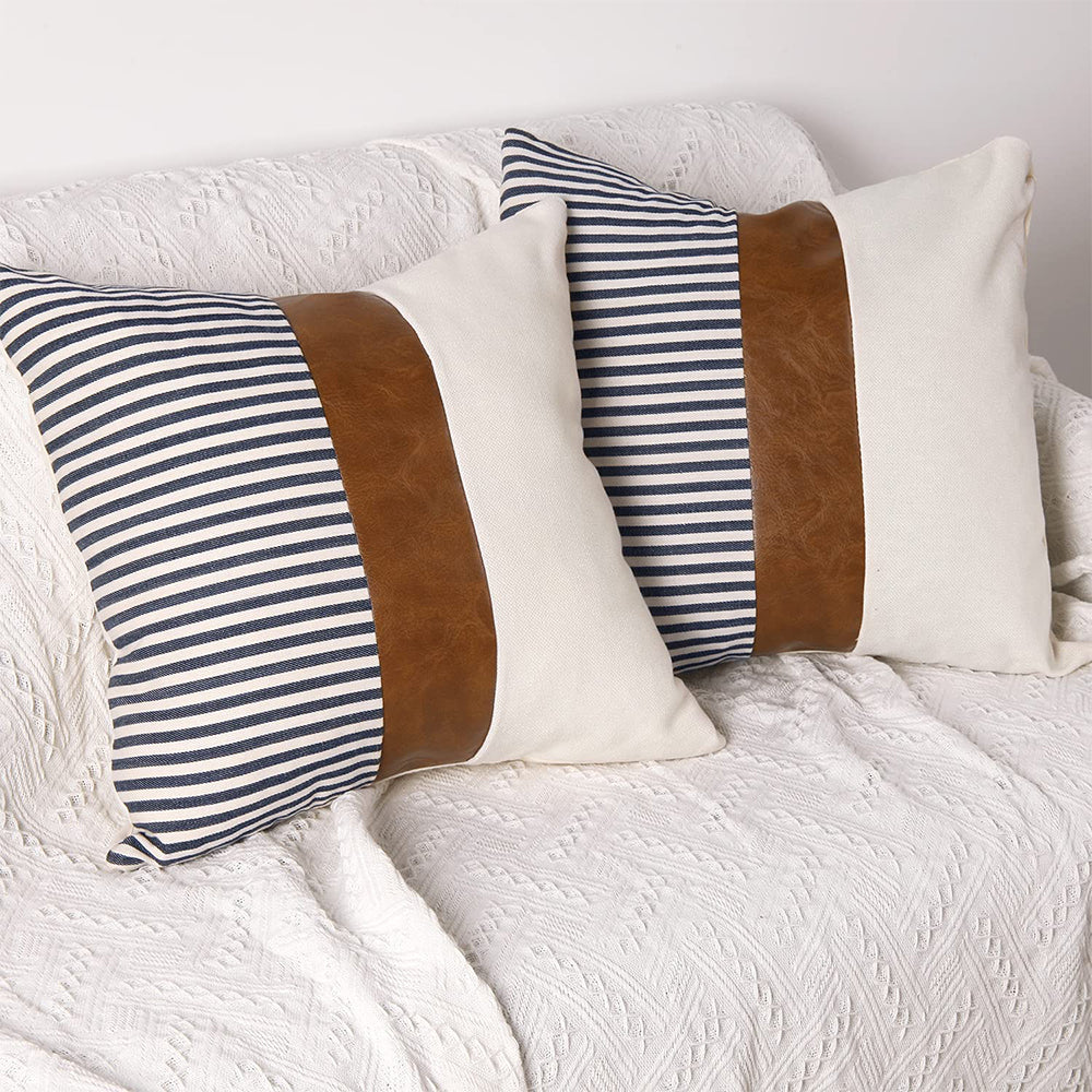 Pillow Cover 2Pcs PU Leather Throw Pillow Covers Farmhouse Decor Stripe Patchwork Modern Decor Square Cushion Covers-Style 1
