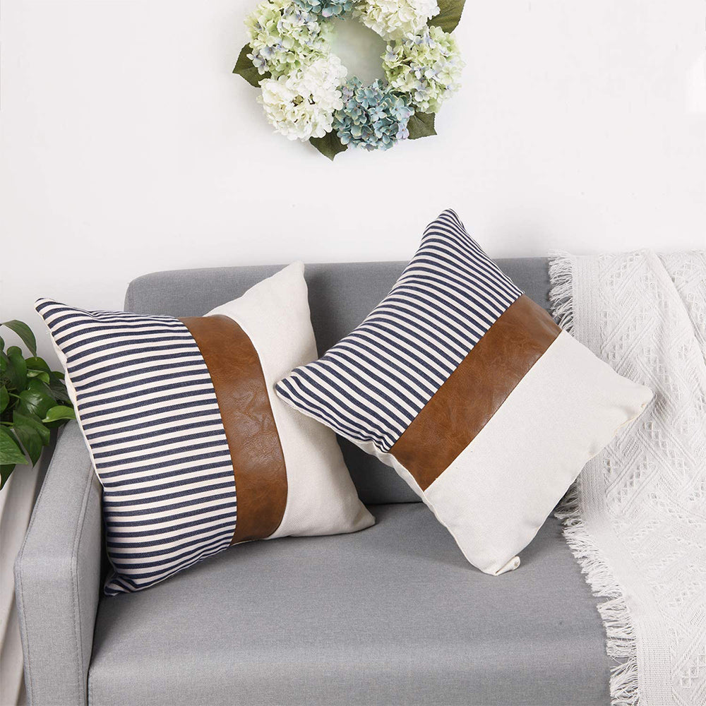 Pillow Cover PU Leather Throw Pillow Covers Farmhouse Decor Stripe Patchwork Modern Decor Square Cushion Covers-Style 1