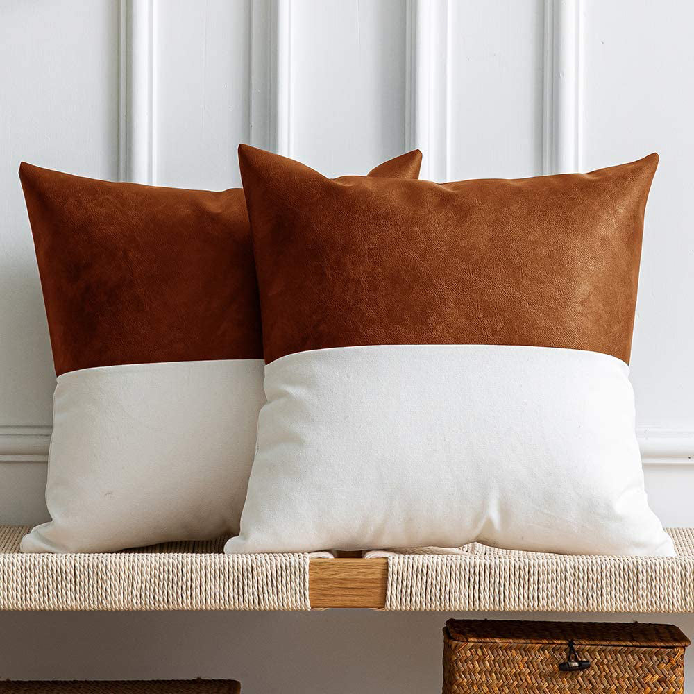 Pillow Cover 2Pcs PU Leather Throw Pillow Covers Farmhouse Decor Stripe Patchwork Modern Decor Square Cushion Covers-Style 3