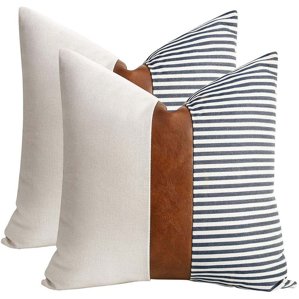 Pillow Cover 2Pcs PU Leather Throw Pillow Covers Farmhouse Decor Stripe Patchwork Modern Decor Square Cushion Covers-Style 1