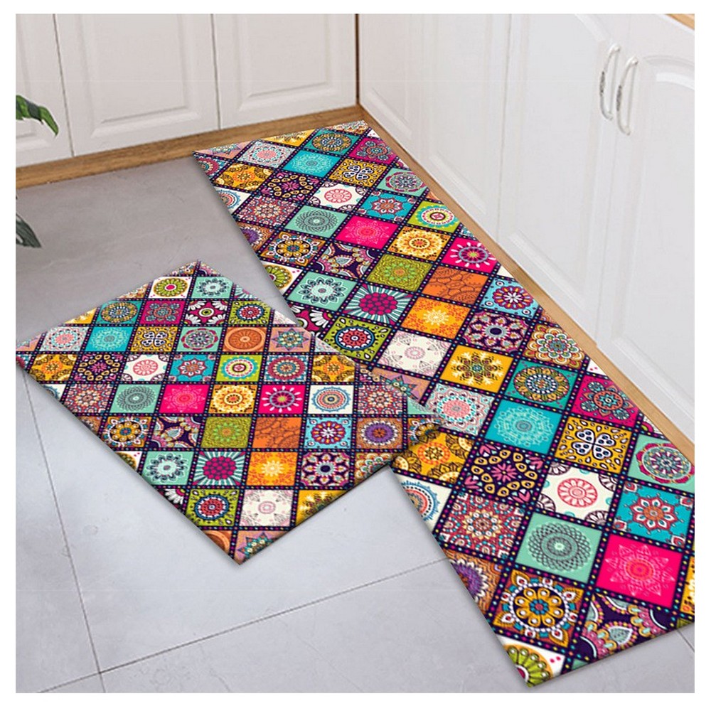 2Pcs Kitchen Rugs Boho Non Slip Washable Runners Kitchen Bathroom Floor Mats -Style 2
