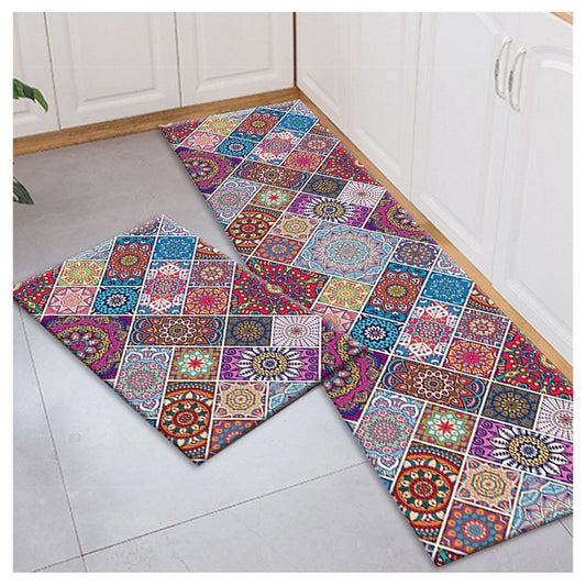 2Pcs Kitchen Rugs Boho Non Slip Washable Runners Kitchen Bathroom Floor Mats -Style 1