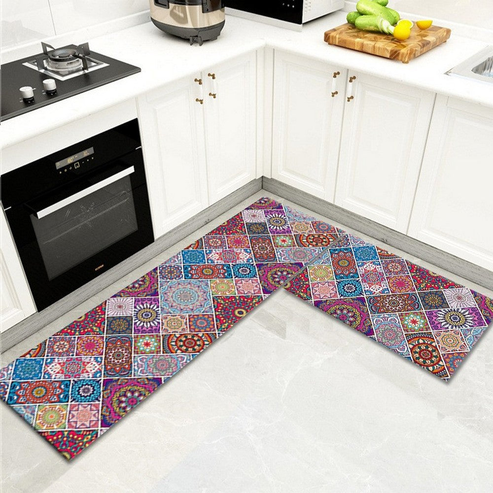 2Pcs Kitchen Rugs Boho Non Slip Washable Runners Kitchen Bathroom Floor Mats -Style 1