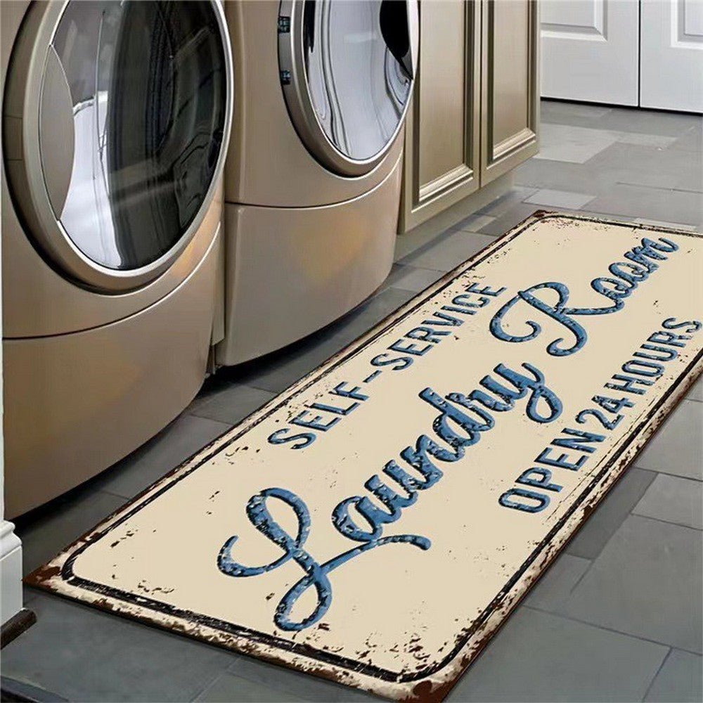 Farmhouse Laundry Room Rug Runner Non Slip Water Resistant Floor Mat Area Rug for Kitchen Room-Style2:Blue color letters brown border