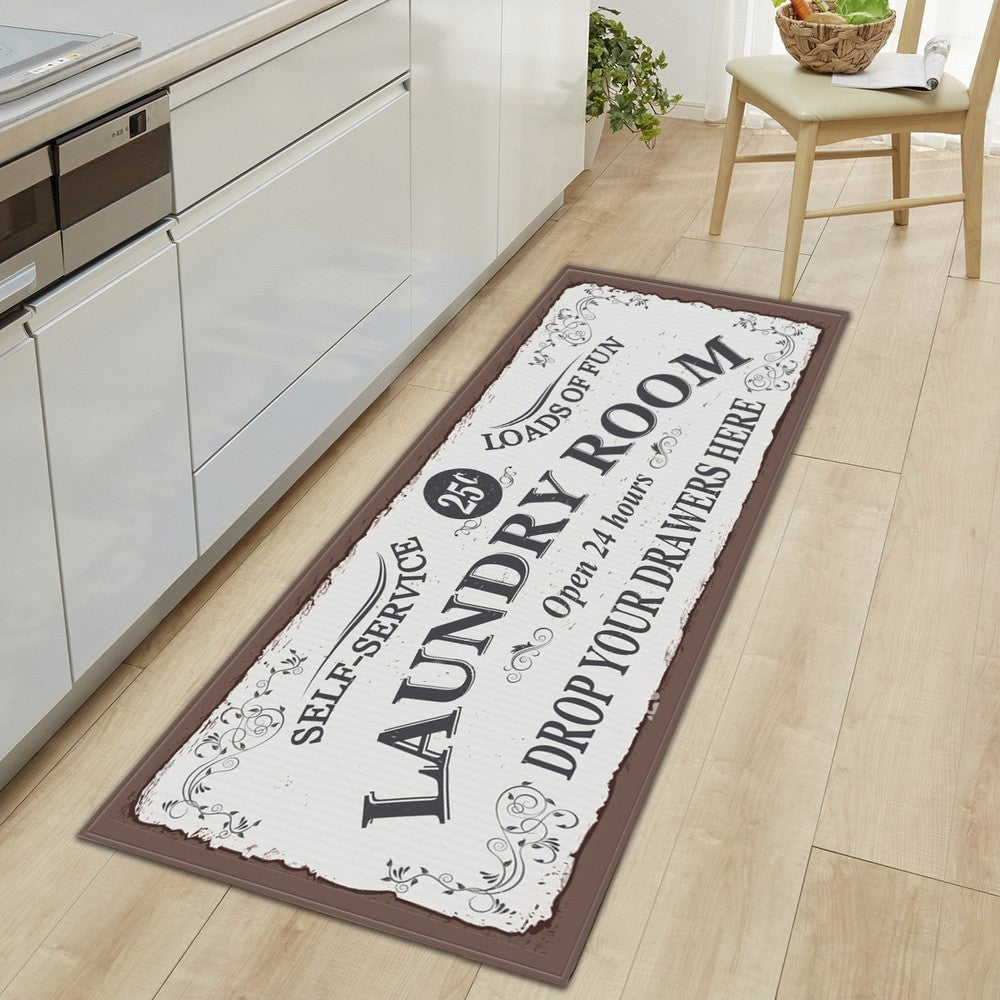 Farmhouse Laundry Room Rug Runner Non Slip Water Resistant Floor Mat Area Rug for Kitchen Room-Style1:Black letters Brown border
