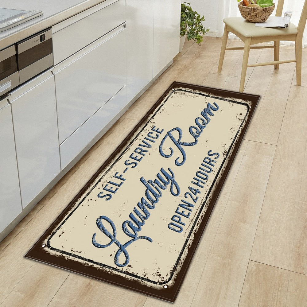 Farmhouse Laundry Room Rug Runner Non Slip Water Resistant Floor Mat Area Rug for Kitchen Room-Style2:Blue color letters brown border