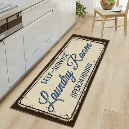 Farmhouse Laundry Room Rug Runner Non Slip Water Resistant Floor Mat Area Rug for Kitchen Room-Style2:Blue color letters brown border