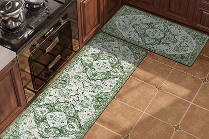2Pcs Boho Anti-Fatigue Kitchen Mats Non-Slip Cushioned for Kitchen Sink Laundry -Green