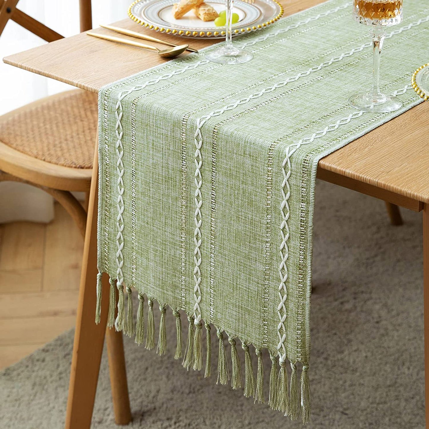 Farmhouse Table Runner Rustic Linen Boho Table Runner for Dining Christmas Party Holiday Decorations-Green