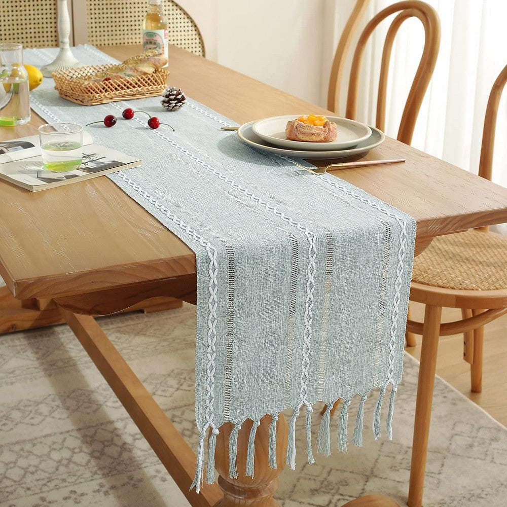 Farmhouse Table Runner Rustic Linen Boho Table Runner for Dining Christmas Party Holiday Decorations-Blue