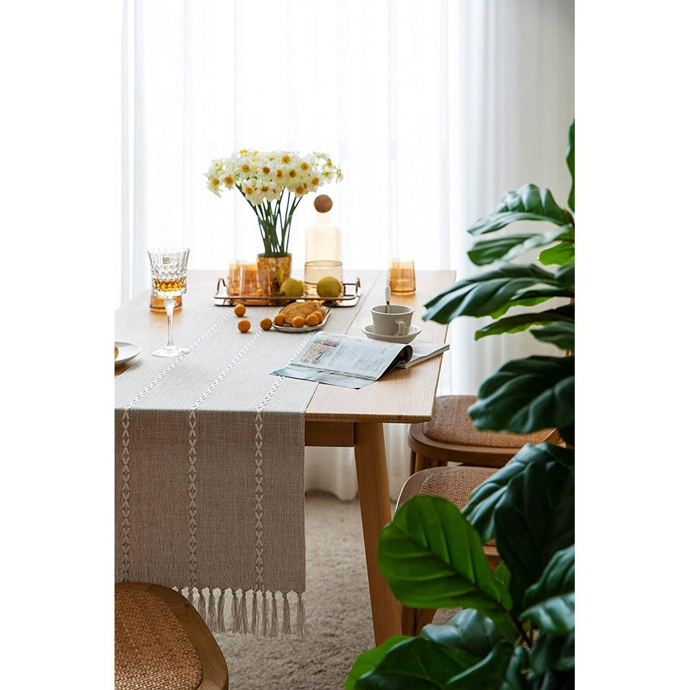 Farmhouse Table Runner Rustic Linen Boho Table Runner for Dining Christmas Party Holiday Decorations-Coffee