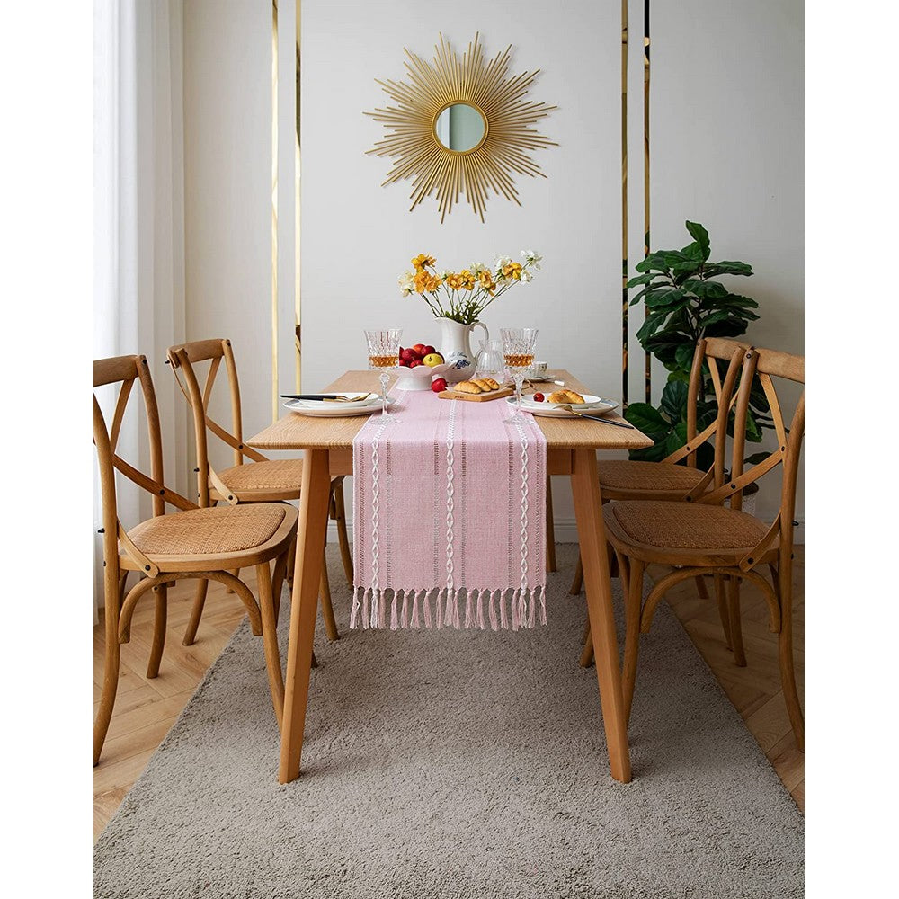 Farmhouse Table Runner Rustic Linen Boho Table Runner for Dining Christmas Party Holiday Decorations-Pink