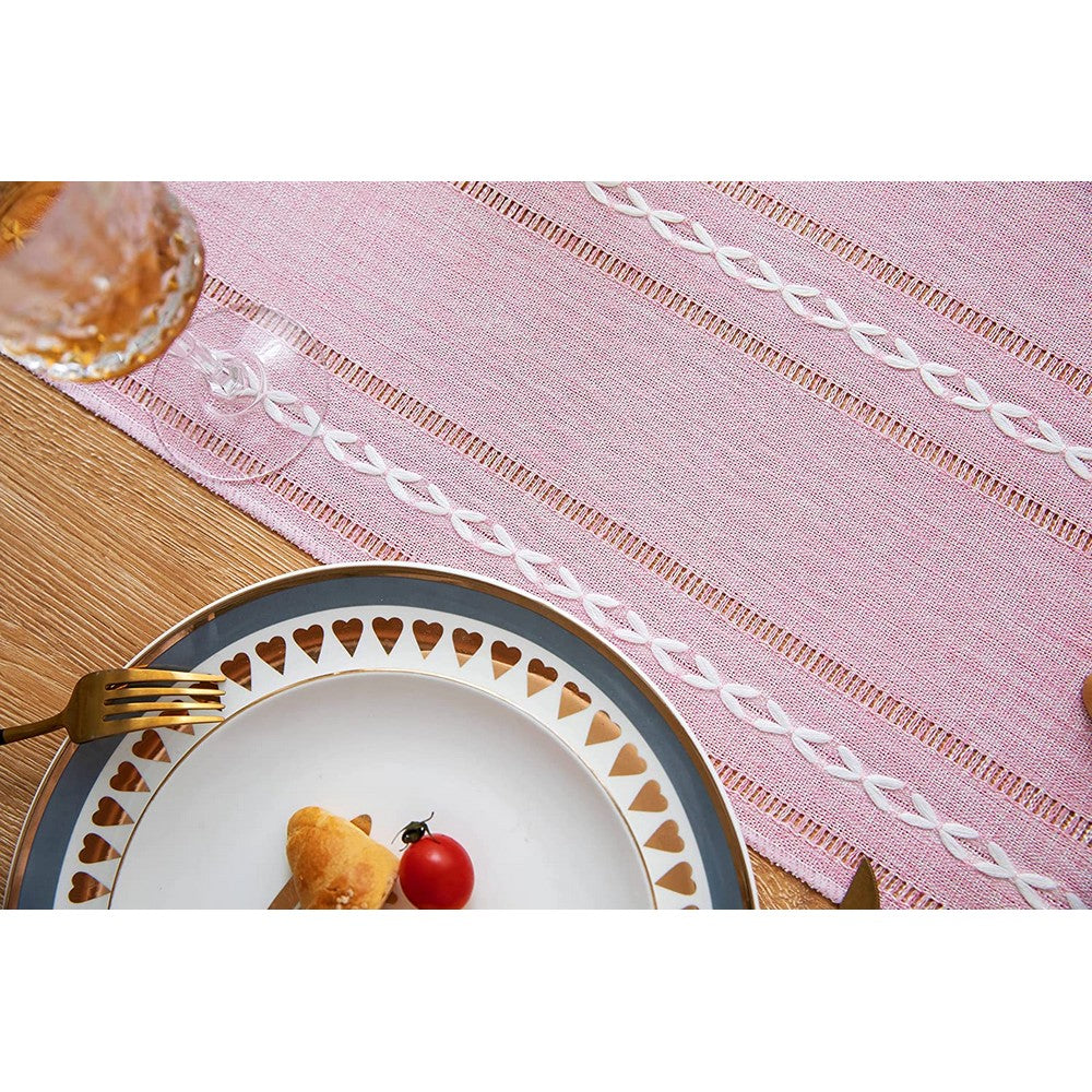 Farmhouse Table Runner Rustic Linen Boho Table Runner for Dining Christmas Party Holiday Decorations-Pink