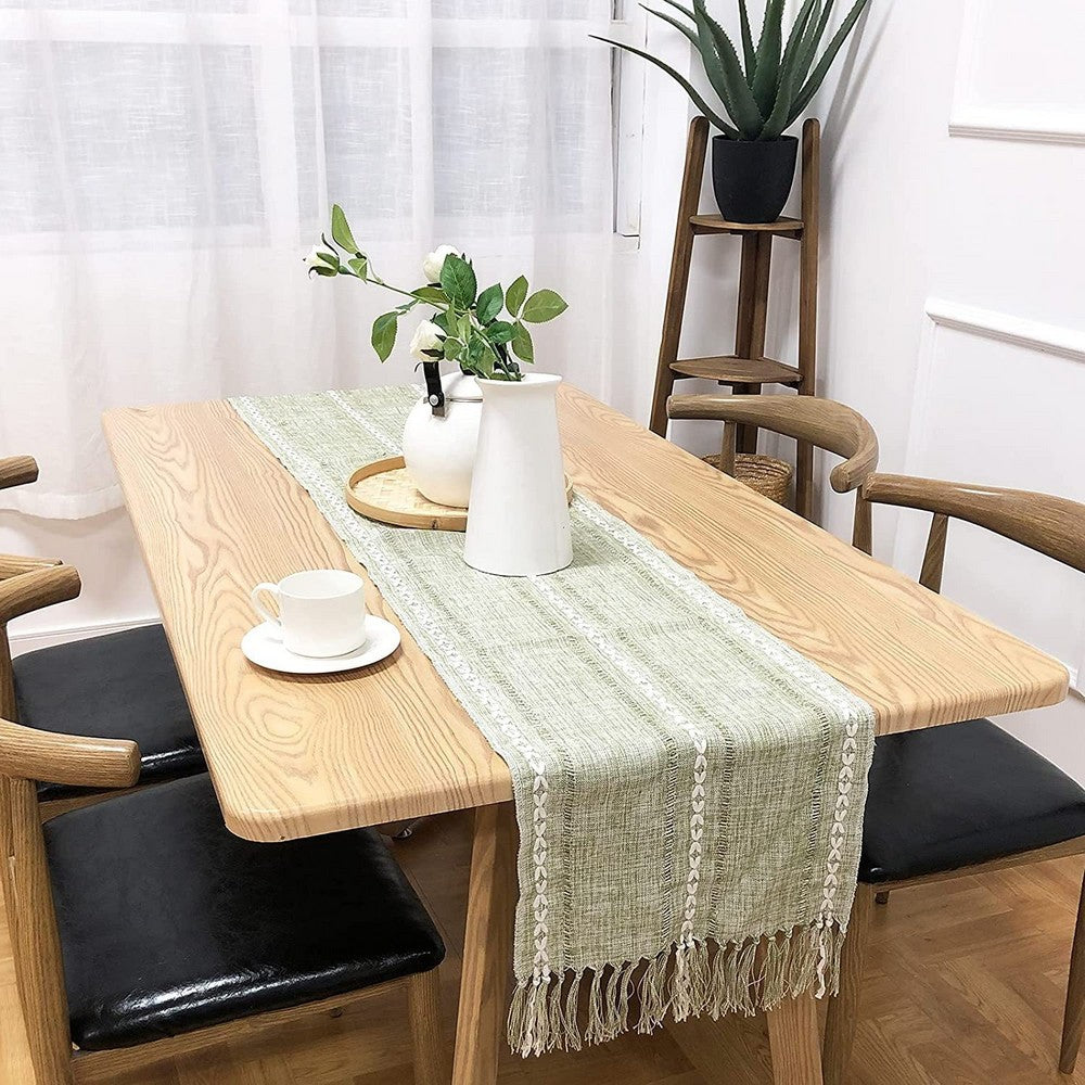 Farmhouse Table Runner Rustic Linen Boho Table Runner for Dining Christmas Party Holiday Decorations-Green