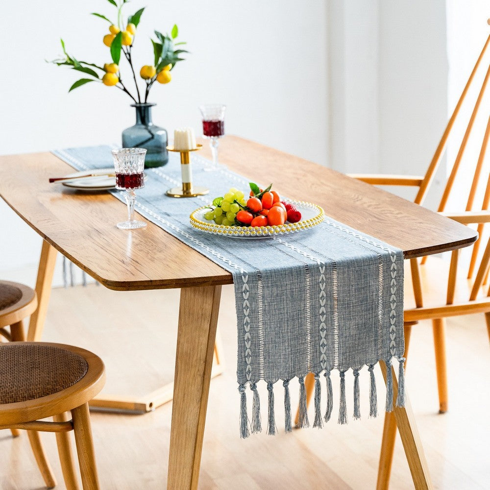 Farmhouse Table Runner Rustic Linen Boho Table Runner for Dining Christmas Party Holiday Decorations-Blue