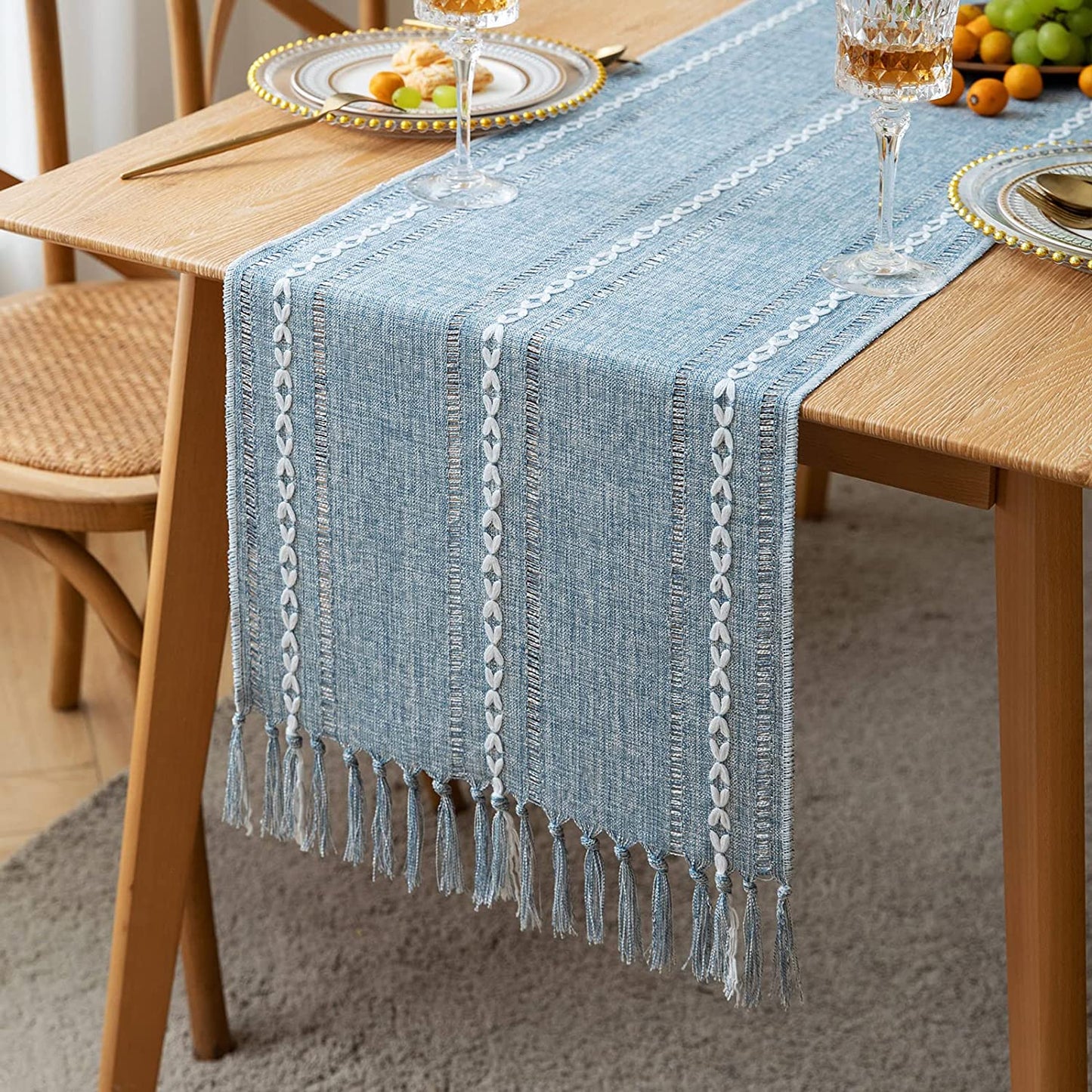 Farmhouse Table Runner Rustic Linen Boho Table Runner for Dining Christmas Party Holiday Decorations-Blue