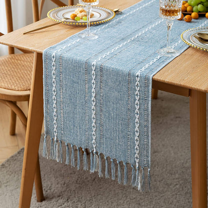 Farmhouse Table Runner Rustic Linen Boho Table Runner for Dining Christmas Party Holiday Decorations-Blue