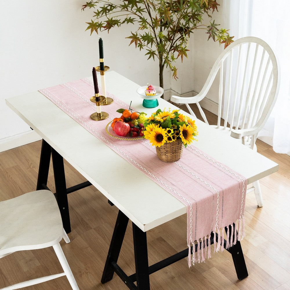 Farmhouse Table Runner Rustic Linen Boho Table Runner for Dining Christmas Party Holiday Decorations-Pink
