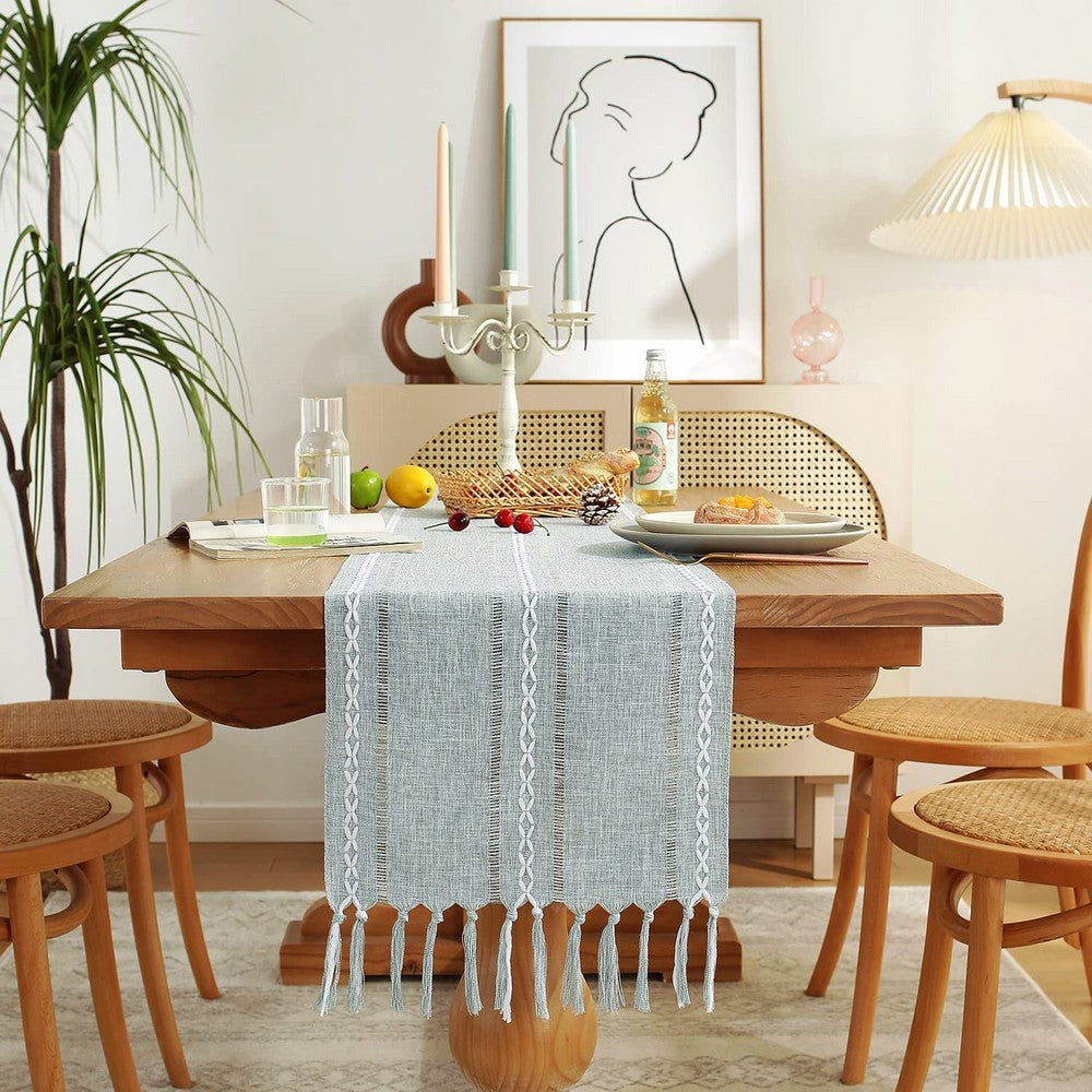 Farmhouse Table Runner Rustic Linen Boho Table Runner for Dining Christmas Party Holiday Decorations-Blue