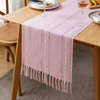 Farmhouse Table Runner Rustic Linen Boho Table Runner for Dining Christmas Party Holiday Decorations-Pink