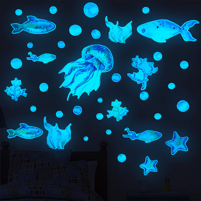 2pcs Ocean Wall Decals Glow in The Dark Sea Wall Stickers Underwater Sea World Wall Decor -Blue