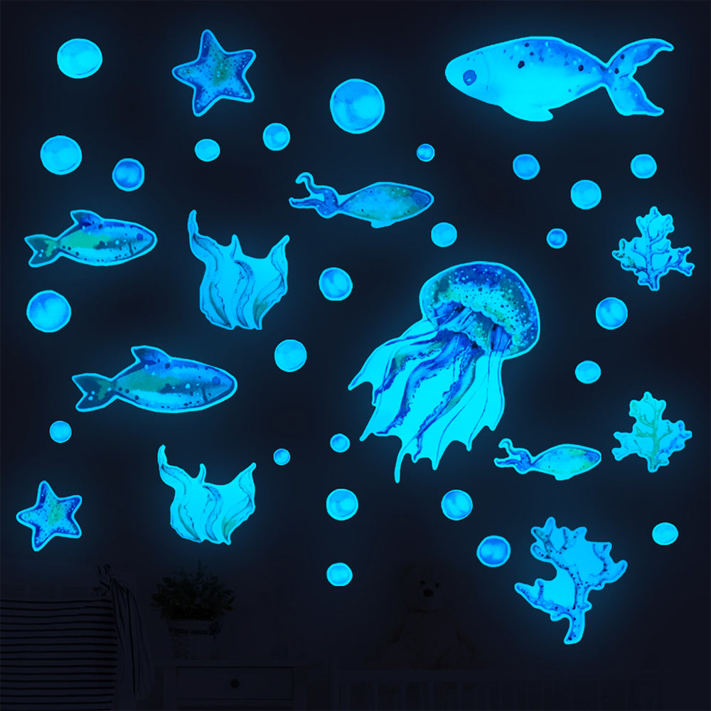2pcs Ocean Wall Decals Glow in The Dark Sea Wall Stickers Underwater Sea World Wall Decor -Blue