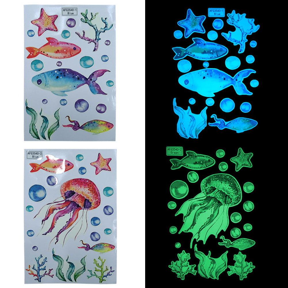Set of 4 Self Adhesive Luminous Ocean Fish Flower Wall Sticker