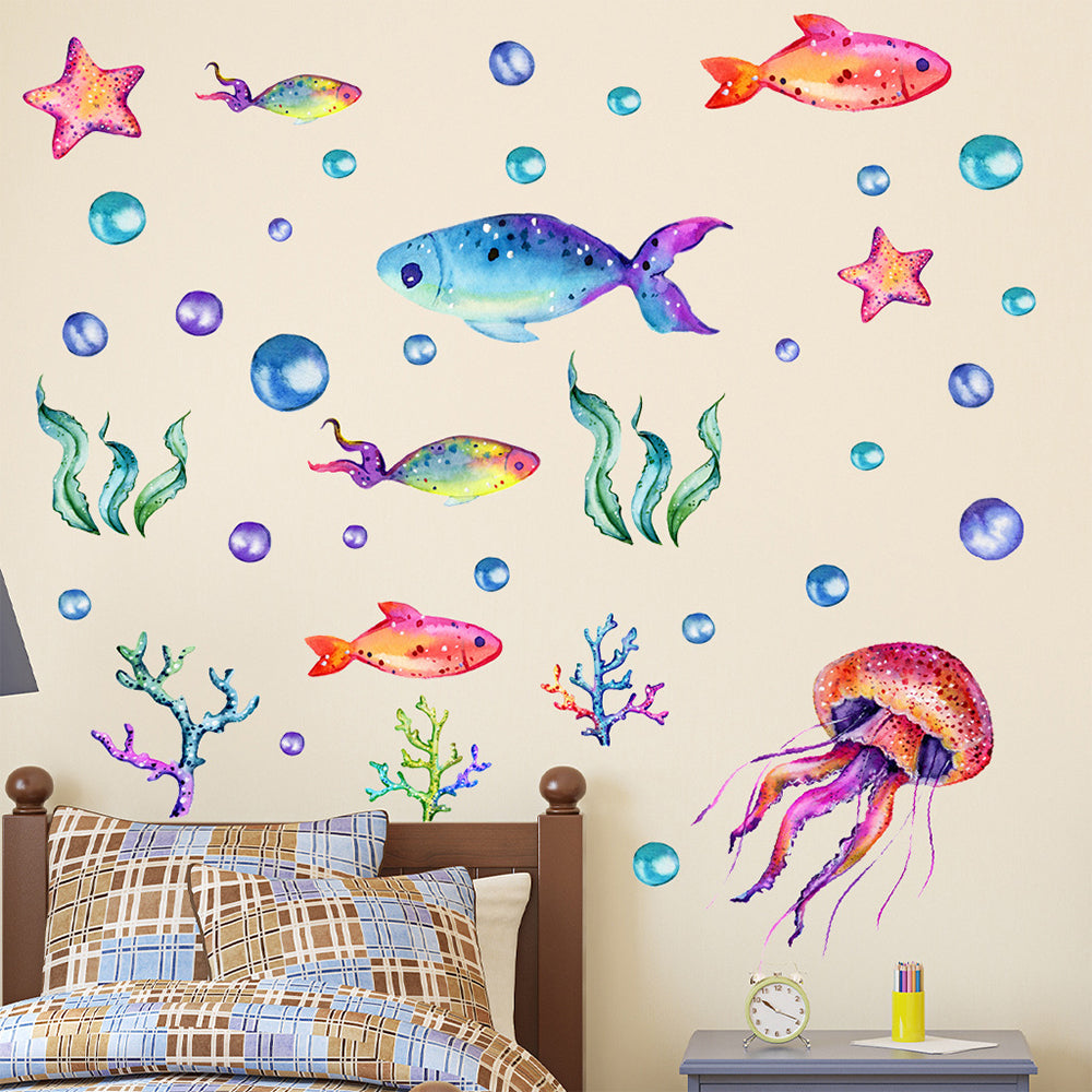 Set of 4 Self Adhesive Luminous Ocean Fish Flower Wall Sticker