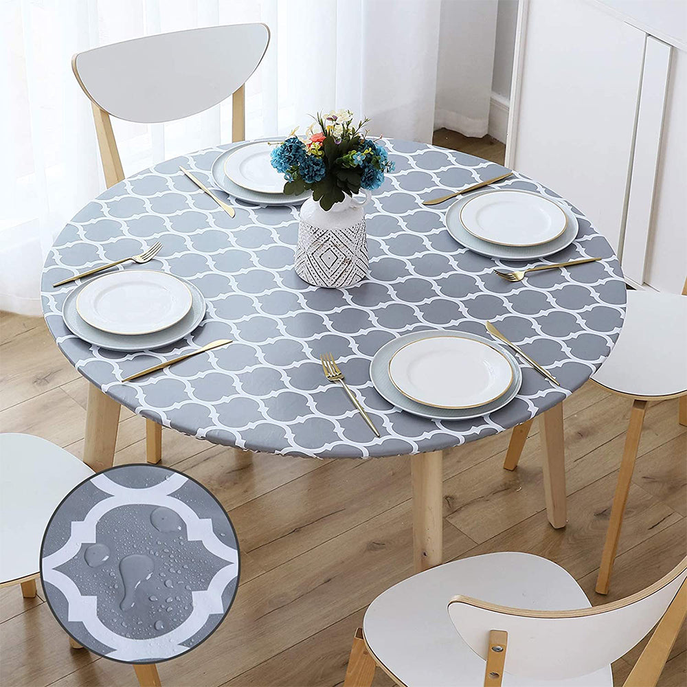 Round Fitted PVC Tablecloth Water Resistant Round Table Cover for Indoor Outdoor Patio -Gray