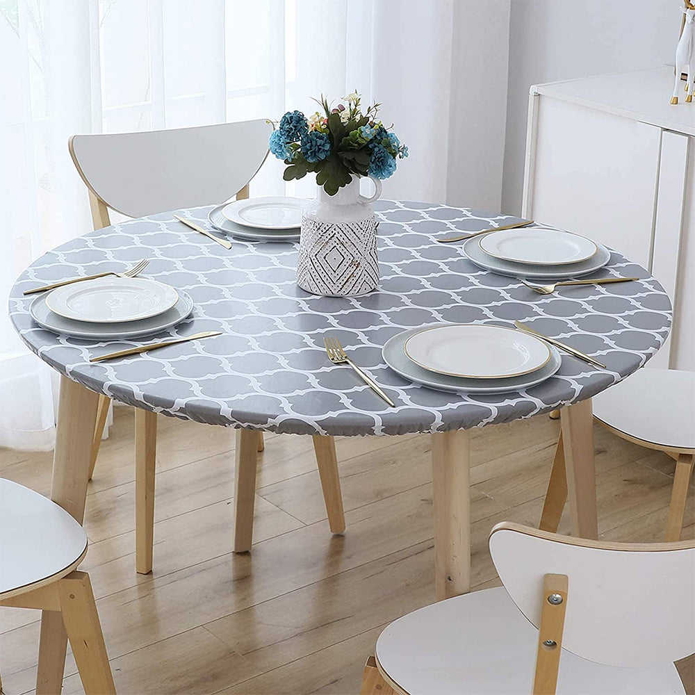 Round Fitted PVC Tablecloth Water Resistant Round Table Cover for Indoor Outdoor Patio -Gray