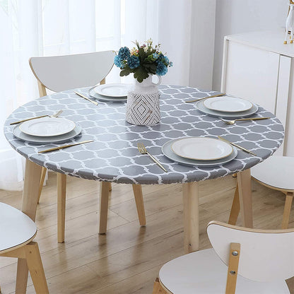 Round Fitted PVC Tablecloth Water Resistant Round Table Cover for Indoor Outdoor Patio -Gray