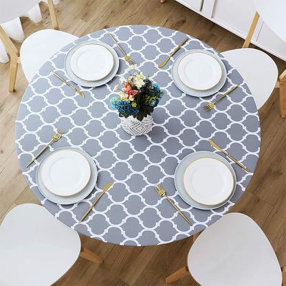 Round Fitted PVC Tablecloth Water Resistant Round Table Cover for Indoor Outdoor Patio -Gray