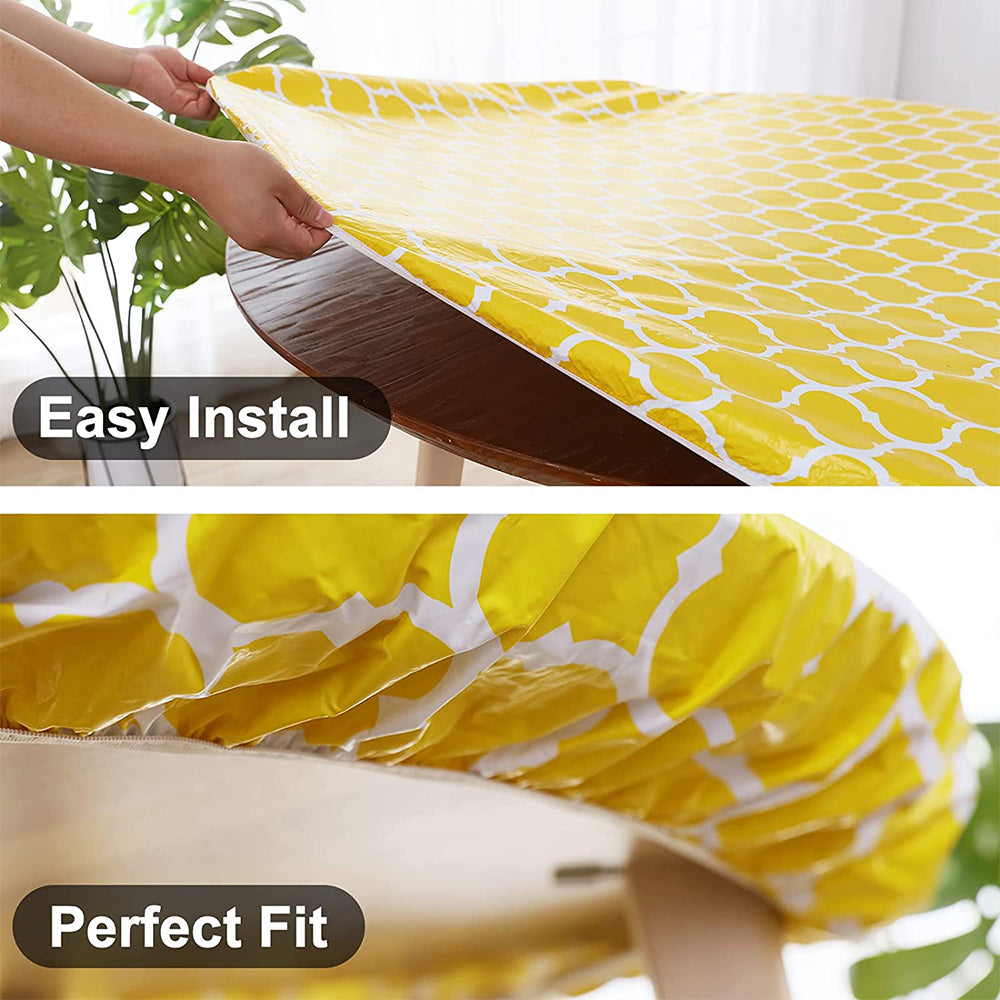 Round Fitted PVC Tablecloth Water Resistant Round Table Cover for Indoor Outdoor Patio -Yellow