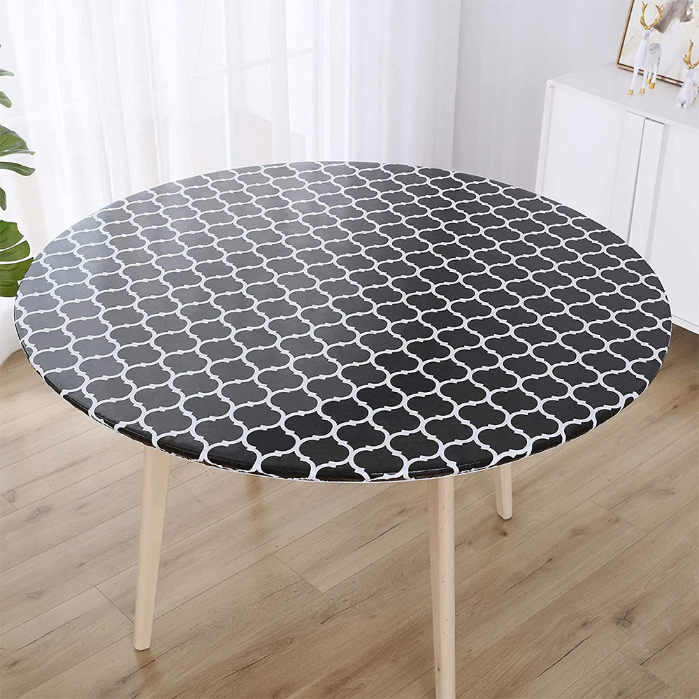 Round Fitted PVC Tablecloth Water Resistant Round Table Cover for Indoor Outdoor Patio -Black
